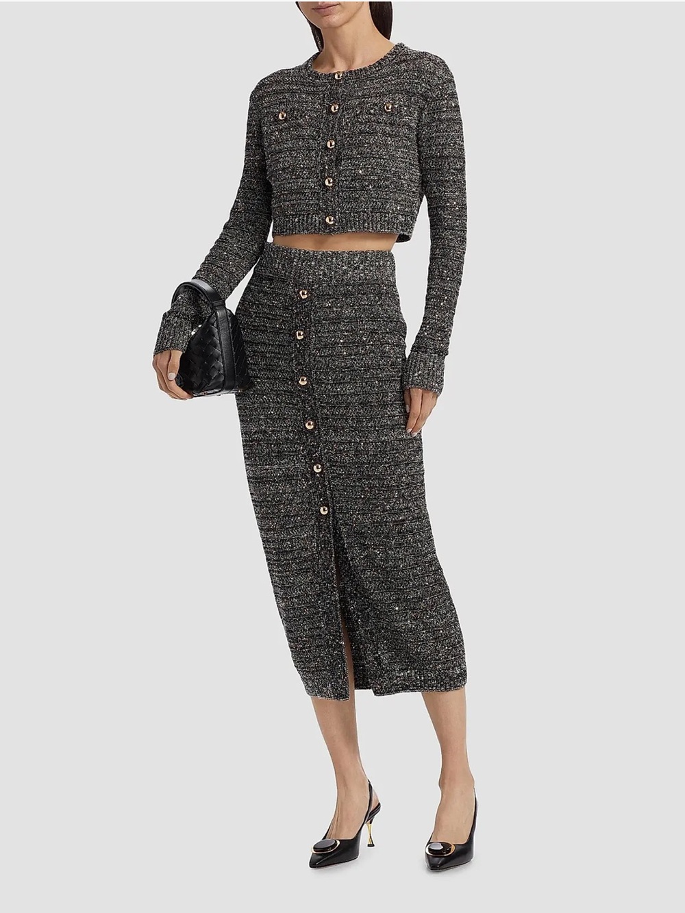 NWT Toccin Luxe Bouclé Texture Sequin Knit Set Button-Front Cardigan Midi Skirt